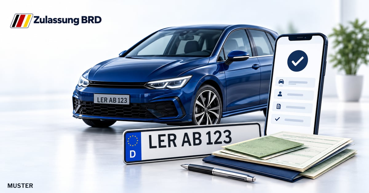 Online Fahrzeugzulassung in Ostrhauderfehn: Musterkennzeichen LER AB 123, Auto und Fahrzeugpapiere und Smartphone. Illustration mit Logo von Zulassung BRD.